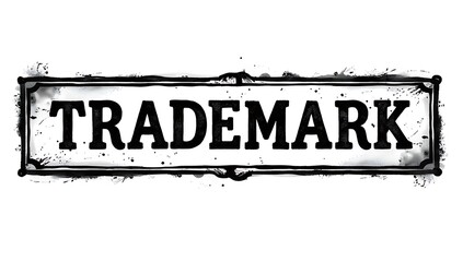 Fototapeta premium Black “TRADEMARK” ink stamp in typewriter-style font on a rectangular banner, slightly tilted with distressed inking, placed on a white background. 