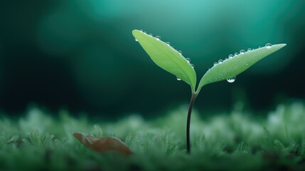 Dewdrop Seedling Growth with Moss and Leaf Bokeh, Macro Lens Detail for Eco-Friendly Design and Nature Education