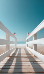 Independence Day Summer Vibes Clean Wooden Boardwalk with American Flags Leading to Beachside View - Memorial Day and Labor Day Seasonal Celebration and Marketing