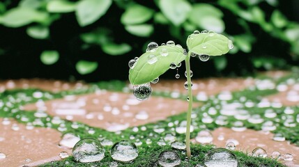 Close-Up of Water Droplets Forming Seedling on Ground with Moss and Green Leaves, Symbolizing New Life and Environmental Diversity