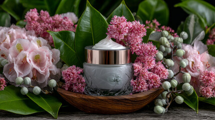 Natural cosmetics. Composition with body care products, creme and green leaf and purple flowers over white background, top view,  FLAT LAY. 

