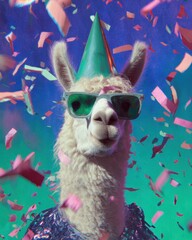 Obraz premium National Blame Someone Else Day Llama in Party Hat and Sunglasses with Confetti Celebrating April Fools Day and Spring Sales Event Fun