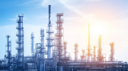 Obraz premium Abstract refinery silhouette with geometric shapes against gradient sky, symbolizing industrial innovation and modern energy production