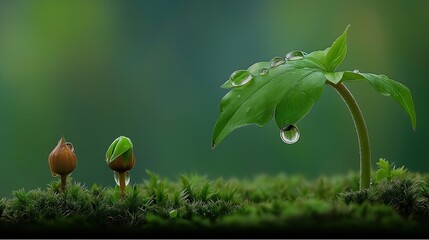 Sprout with Dewdrops and Seed on Moss, Macro Hyper-Realistic Green Photography for Eco Design and Nature Education