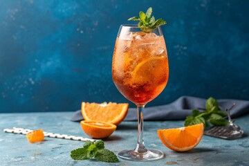 aperol spritz cocktail against blue background.
