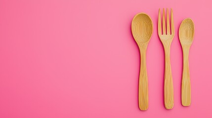 Three bamboo utensils (spoon, fork, knife) are arranged on a pink background, highlighting eco-friendly dining tools.