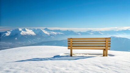 Wooden bench overlooking snowy mountain range