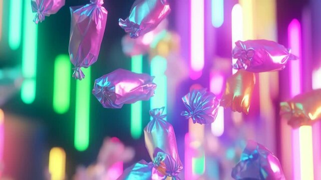 Colorful candy wrappers in vibrant neon light