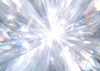 light rays of white crystal prism, white light and diamond beams of light, white background,