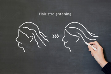 ストレートパーマの施術を受けた女性のイラストを黒板に描く人物の手