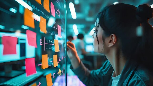 Woman with ponytail arranging colorful sticky notes on glass board in modern office, teamwork and brainstorming session