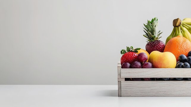 A wooden crate filled with assorted fresh fruits sits on a white table against a minimalist background.