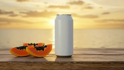 Empty beverage can and papaya slices on a wooden table by the sea at sunset - Powered by Adobe