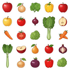 Apple, pear, and carrot illustrations are brightly colored and arranged neatly in a playful grid pattern.