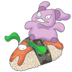 Funny Monster Riding Sushi – Hand-Drawn Cute Character Clipart (PNG)