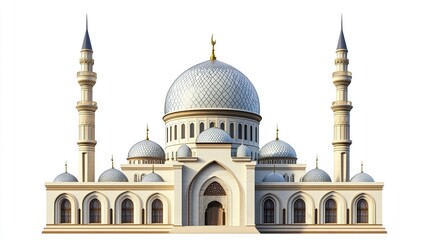 A white mosque with a central dome and two minarets,  a large arched entrance, and multiple smaller domes