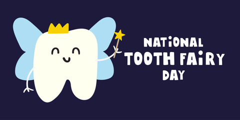 Banner. National tooth fairy day. Hand drawn vector design on dark blue background.