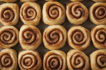 Fototapeta premium Top view of bite size cinnamon swirl rolls in a plastic tray illuminated with natural light.
