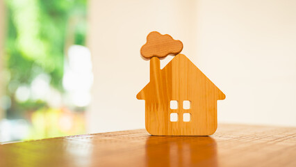 Model of a wooden house with cloud. Smart house automation control system symbol. Personal Cloud Storage System at Home concept.