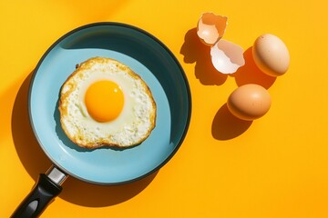 Top view of fried egg on blue frying pan near raw whole egg and eggshells with shadow isolated on orange background