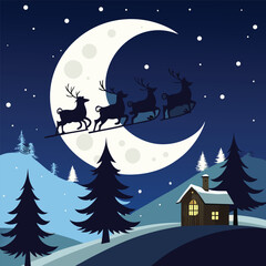 Fototapeta premium Black silhouette of Santa Claus in his sleigh