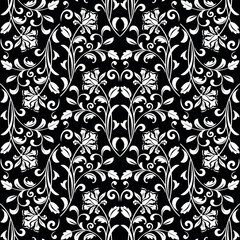 Flower pattern. Seamless white and black ornament. Graphic vector background.