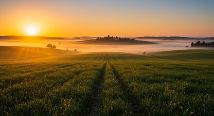 Fototapeta premium Sunrise Over Foggy Field
