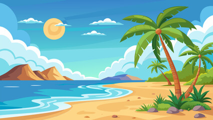 Serene Tropical Beach Landscape. Palm Trees. Ocean. and Sunny Sky