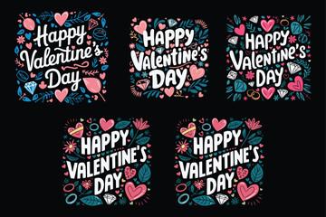Colorful valentine's day typography designs with hearts diamonds and decorative elements on black