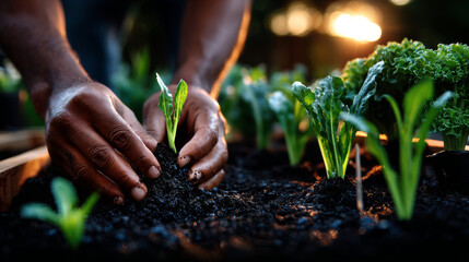 Hand planting seedling growing step in garden with sunshine. Concept of business growth, profit, development and success.
