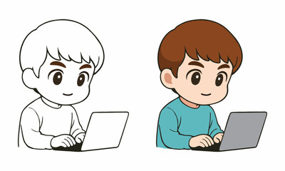 cute man with laptop computer coloring page for kids