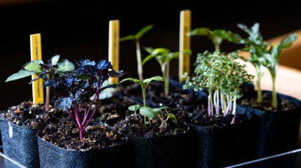 Seedlings are growing in soil with growth compared to year 2021-2022 and light bulb for innovations and ideas for the new year. Development to success in year 2022. 
