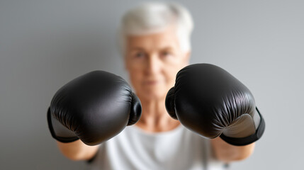 Senior woman wearing red boxing gloves, demonstrating physical strength, resilience, and vibrant energy while challenging aging stereotypes through active fitness training