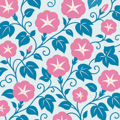 ピンクの朝顔が咲き誇る和風模様