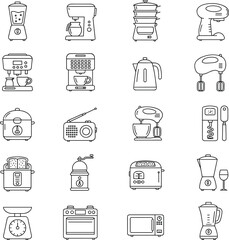 Kitchen appliances and cooking utensils icon set featuring blenders, mixers, coffee machines, toasters, scales, ovens, and microwaves, vector illustration