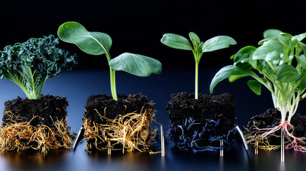 Fertilization and the role of nutrients in plant life. Soil with digital mineral nutrients icon.