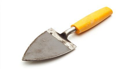 Isolated trowel with a yellow handle rests on a stark white