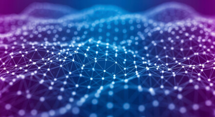 Abstract Digital Network Structure With Illuminated Connected Nodes Over Purple And Blue Gradient Background