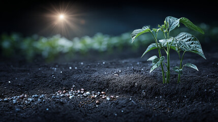 Microelements for plants nutrition.Factors necessary for the process of plant growth and development.Young beans plant on sunny background with digital mineral nutrients icon.
