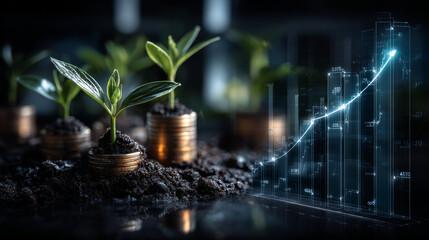 Seedling are growing from the rich soil with digital graph. Concept of business growth, profit, development and success.	