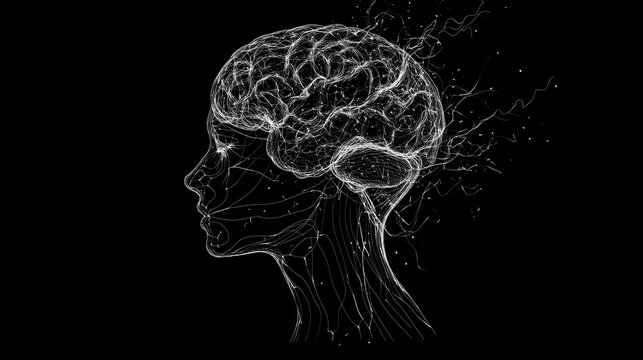 Head silhouette with brain linear illustration depicting human brain structure and neurological pathways, ideal for medical education, mental health concepts, and neuroscience visualizations