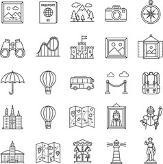 Travel and tourism line icons set featuring maps, castles, cameras, monuments, landmarks, and adventure gear, isolated vector illustration pack