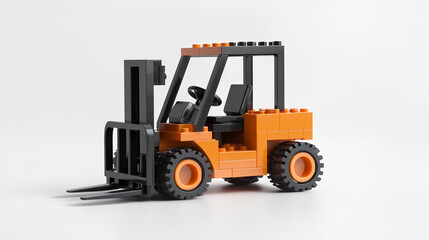 Orange and black forklift toy made of interlocking plastic bricks,