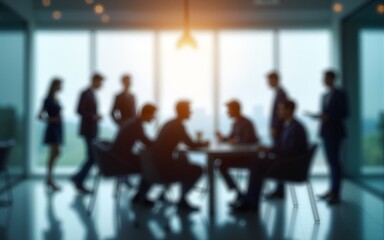 Business meeting in glass room office with blurred people background. High quality