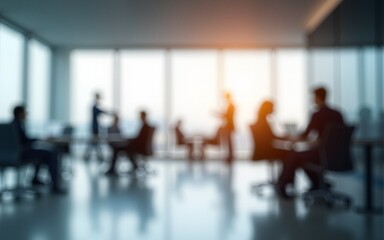 Abstract blurred interior modern office space with business people working banner background with copy space. High quality
