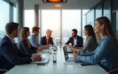 Business concept. Business meeting in boardroom. Blurred people on background. Team meeting in office near table. Generative AI. High quality