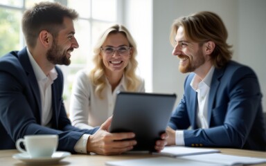 Obraz premium close up of tablet, business people on meeting in background. High quality