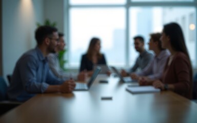 Business concept. Business meeting in boardroom. Blurred people on background. Team meeting in office near table. Generative AI. High quality