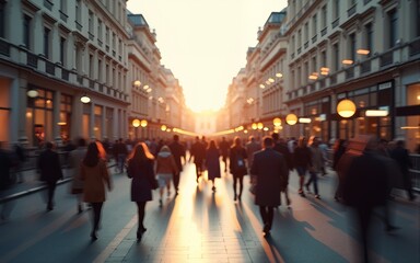 Crowded public place with people passing walking in city traffic flow motion blur effect. Cinematic light Generative AI. High quality