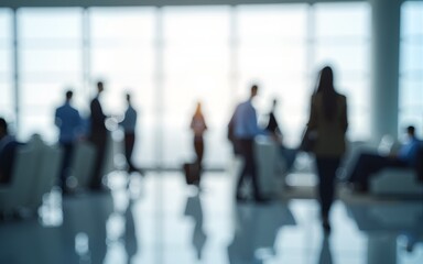 Blurred business people in white glass office background. High quality